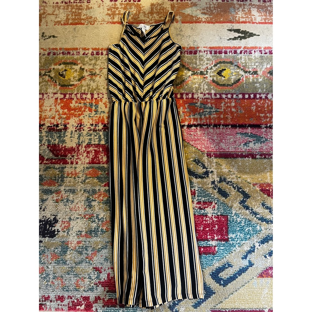 Just Be Striped Jumpsuit Womens M Black Yellow White Ribbed Wide Leg Chevron